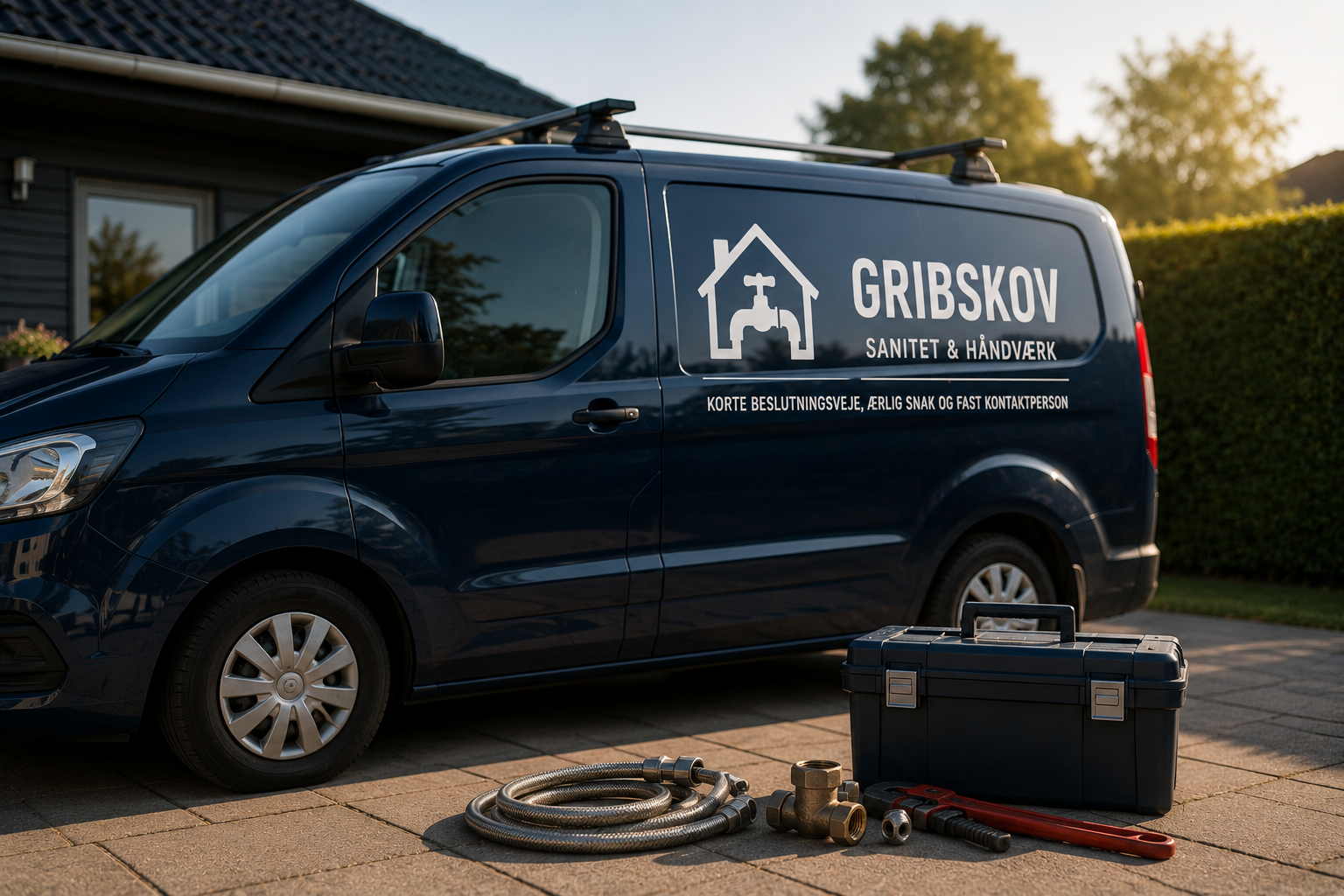 Gribskov Sanitet & Håndværk servicebil parkeret foran en bolig med værktøj og fittings foran