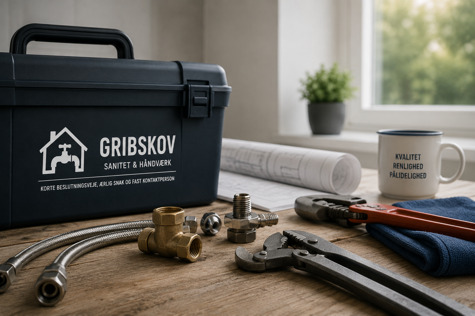 Værktøjskasse med VVS-fittings, slanger og rørtang på et arbejdsbord